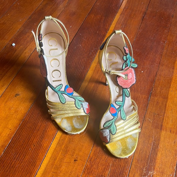 Gold Floral Gucci Heels - Picture 1 of 3